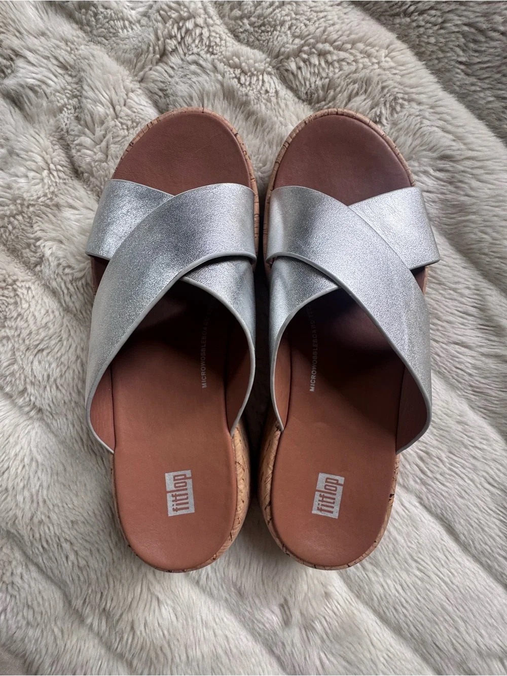 FitFlop Metallic Silver Crossband Cork-Effect Slide Mules